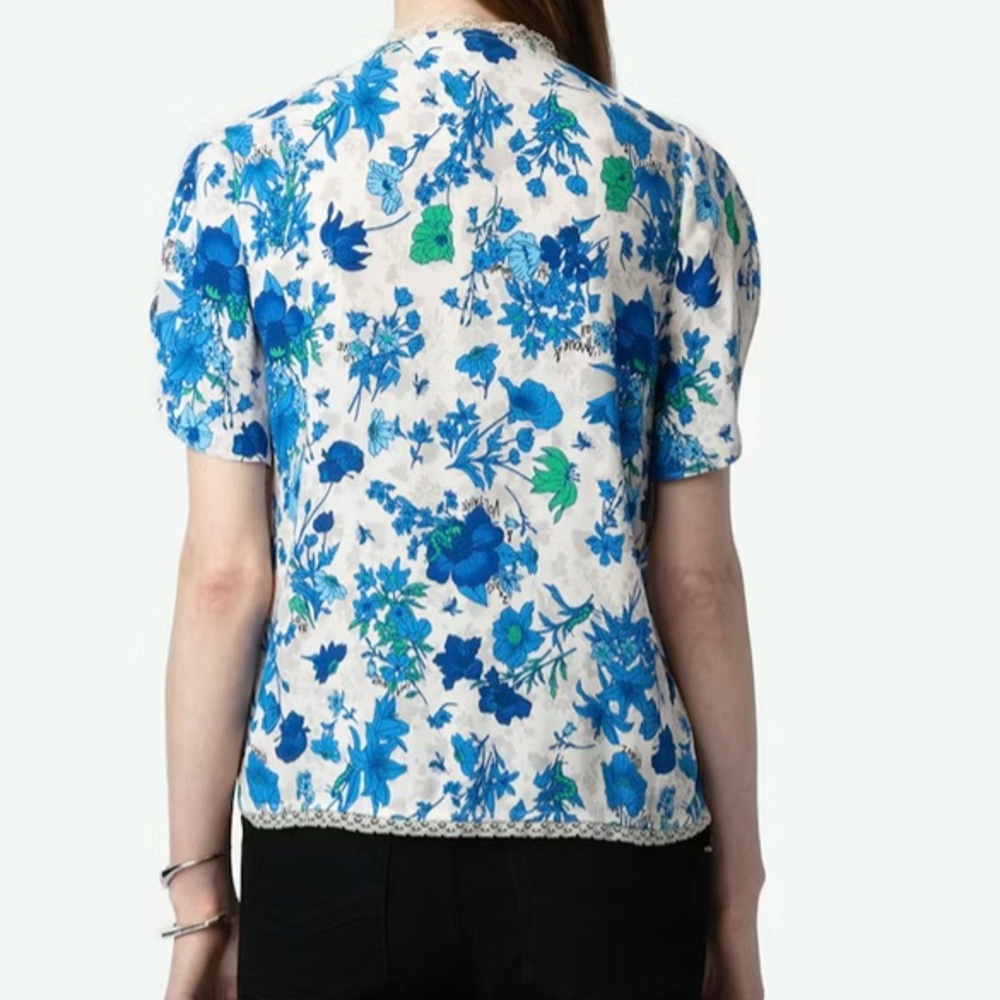 Zadig & Voltaire Tiffiny floral-print crepe blouse - Lace trim - Size XS - EUC - Picture 5 of 15